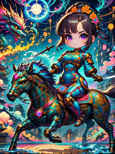 ((imagine))，((whole body))，beautiful cyberpunk robot woman wearing dark blue sengoku armor, riding a ghost horse, mechanical arm...