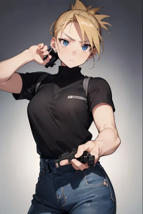 riza hawkeye, blonde hair, (black eye:1.5), folded ponytail,hold a gun and take aim,(((scared))),
break shirt, short sleeve, ear...