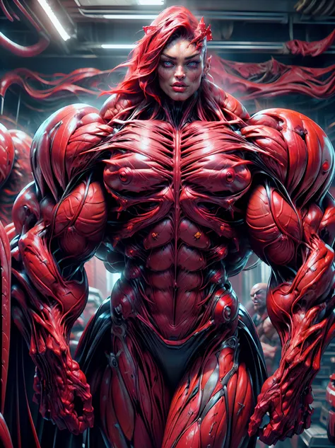 (1 girl), (megan fox:1.25), (long red hair), (carnage skinless physique:1.25), (1 super muscular undead skinless succubus with gigantic horns:1.25), (covered in red necrotic rotting skinless muscle:1.25), (exposed muscles & veins everywhere:1.25), (perfect...