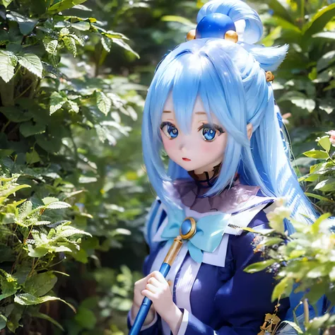 (a young girl and) blue hair, (wearing) a white and blue dress, (holding) staff, (standing) In the midst of lush greenery, lively garden, (and) colorandりどりの花 (bloom) around her, (Down) clear blue sky.
(Portrait) girl&#39;s, (realistic) rendering, (and) (Su...