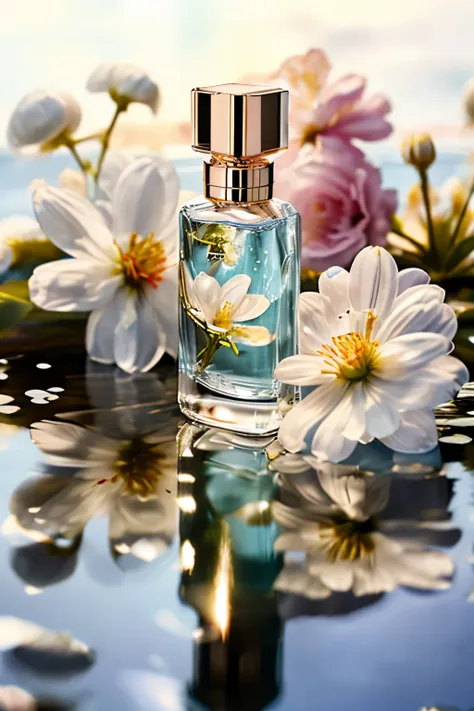 masterpiece, photo realistic, high quality design, perfume bottle, water drop, flowers blossom, 8k quality, fantasy, beautiful, ...