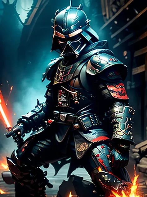 envision a formidable samurai warrior whose armor is a fusion of traditional japanese design and the iconic style of darth vader...