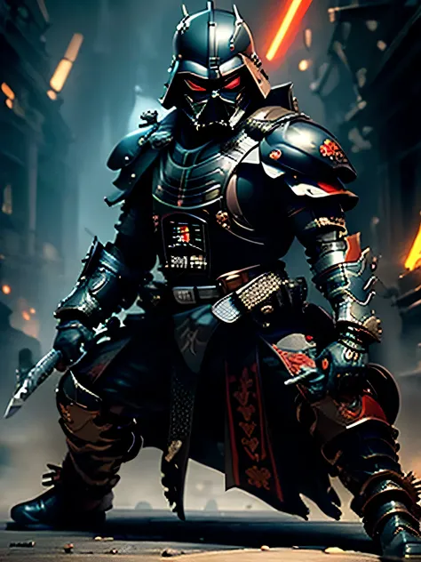 envision a formidable samurai warrior whose armor is a fusion of traditional japanese design and the iconic style of darth vader...