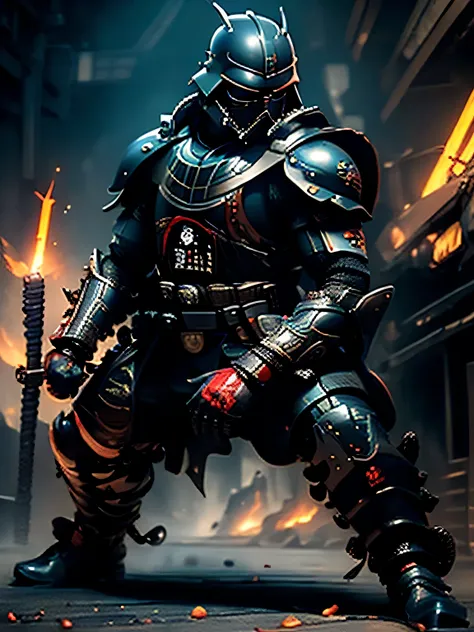 envision a formidable samurai warrior whose armor is a fusion of traditional japanese design and the iconic style of darth vader...