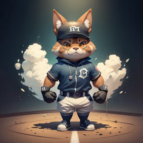 C4tt4stic, Cartoon Doberman cat of baseball player hitting in baseball uniform（The specifics of the appearance of Doberman dogs）