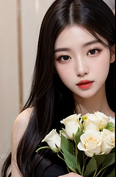 Close-up of woman holding bouquet of flowers, 아름다운 Korean woman, Stunning young Korean woman, Best Face, gorgeous chinese model, Beautiful young Korean woman, Asian girl with long hair, nice black hair, black elegant hair, Popular Korean Makeup, nee tian(N...