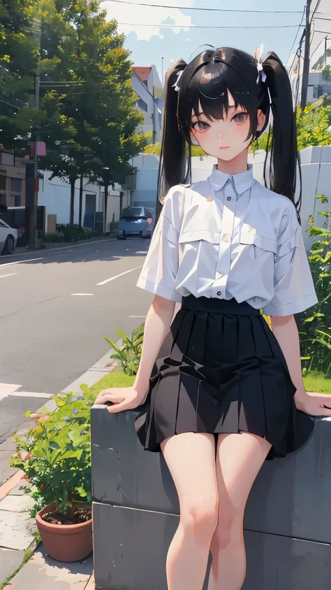 (short cute girl，small young student，young delicate girl）,（masterpiece，Top quality)，squat，，short sleeve，Long twin tails with black hair，sleepy