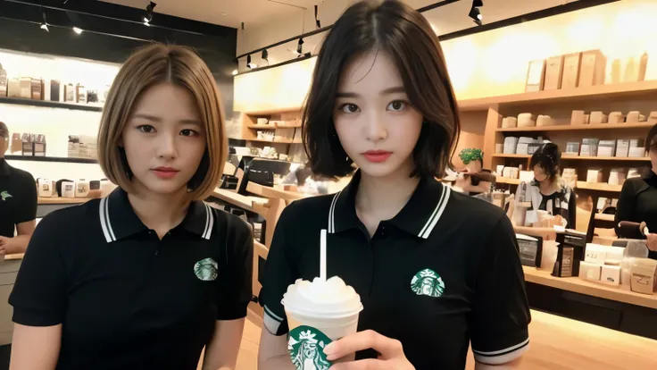 ((highest quality、8K、masterpiece:1.3))、sharp focus:1.2、beautiful woman with perfect body:1.4、((layered haircut))、、(black polo shirt)、(Inside the Starbucks store:1.2)、Highly detailed face and skin texture、 detailed eye、double eyelid、sunburned肌、Sexy、sunburne...