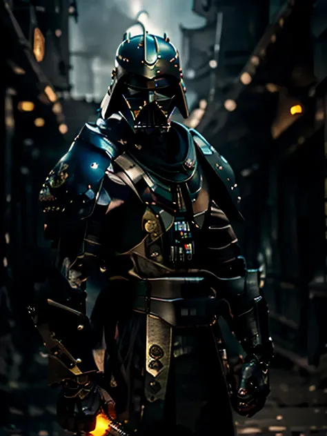 Envision a formidable samurai warrior whose armor is a fusion of traditional Japanese design and the iconic style of Darth Vader. The samurai’s outfit is a masterpiece of craftsmanship, featuring a helmet with a menacing mask reminiscent of Vader’s, comple...