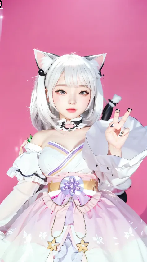 Cute girl in a white dress with a cat ears and a hat, anime styled 3d, shikamimi, stylized anime, live2d virtual youtuber model, ayaka genshin impact, render of april, white haired deity, realistic 