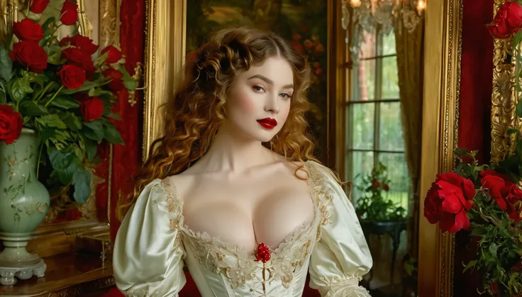 A seductive temptress with porcelain skin and blood-red lips, framed by the opulent trappings of a Victorian parlor. Inspired by Pre-Raphaelite art, her form is ethereal and romantic, with flowing locks and delicate features that evoke the beauty of a bygo...