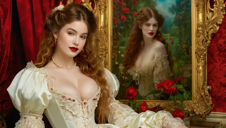 A seductive temptress with porcelain skin and blood-red lips, framed by the opulent trappings of a Victorian parlor. Inspired by Pre-Raphaelite art, her form is ethereal and romantic, with flowing locks and delicate features that evoke the beauty of a bygo...