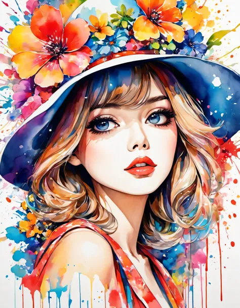 beautiful woman portrait, Sylvia Pelissero watercolors, colorful flowers、beautiful eyes、 abstract art, intense watercolor, watercolor detailed art, watercolor splash, surreal, avant-garde pop art, Beautiful and expressive paintings, Beautiful artwork illus...