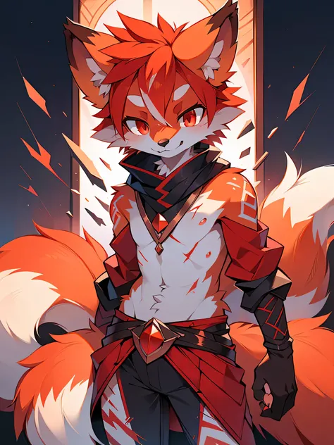 Rystal, Star Fox, Male, (A detailed), fluffly, Solo,  Meticulous and realistic, detailed eyes, (Reddish-orange-red pupils), ((Blood-red eyes)), Excellent quality, high detal, Detailed fur, ((The tail is in the right place) ，nakeness ，Covered in scars，small...