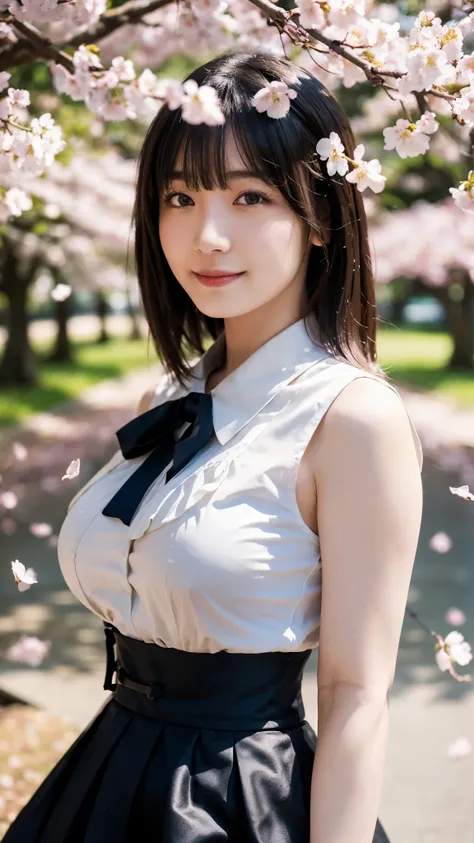 (highest quality,masterpiece:1.3,ultra high resolution),(Super detailed,caustics,8k),(photorealistic:1.4,RAW shooting),(Sepia photo:1.3),1 girl,Are standing,(Cherry blossom petals are dancing),(smile),stare at the camera,25 years old,cute,Japanese,Black Ha...