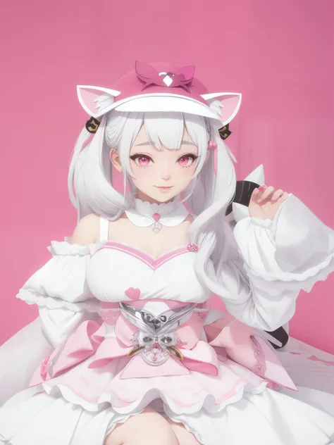 Cute girl in a white dress with a cat ears and a hat, enterprise anime styled 3d, shikamimi, stylized anime, live2d virtual youtuber model, ayaka genshin impact, render of april, white haired deity, anime moe artstyle, realistic 