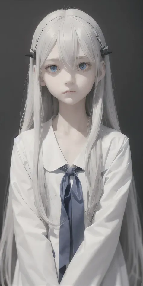 highest quality, masterpiece,gray hair, blue eyes, look up, Upper body,white clothes,long hair,troubled face,rei ayanami,