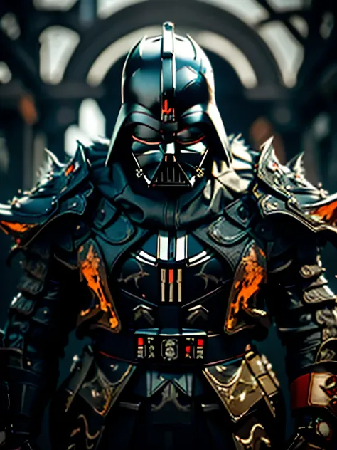 envision a formidable samurai warrior whose armor is a fusion of traditional japanese design and the iconic style of darth vader...