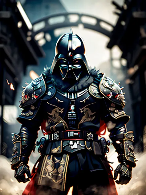 envision a formidable samurai warrior whose armor is a fusion of traditional japanese design and the iconic style of darth vader...