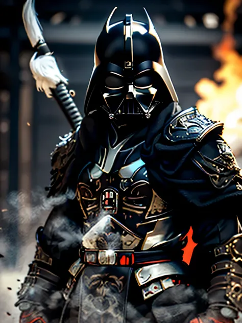 Envision a formidable samurai warrior whose armor is a fusion of traditional Japanese design and the iconic style of Darth Vader. The samurai’s outfit is a masterpiece of craftsmanship, featuring a helmet with a menacing mask reminiscent of Vader’s, comple...