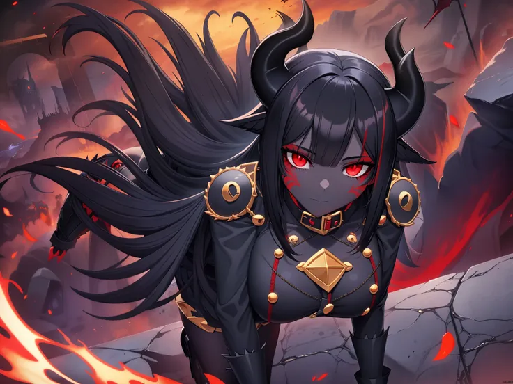 hellhound, monster girl encyclopedia, black skin, black sclera, red eyes