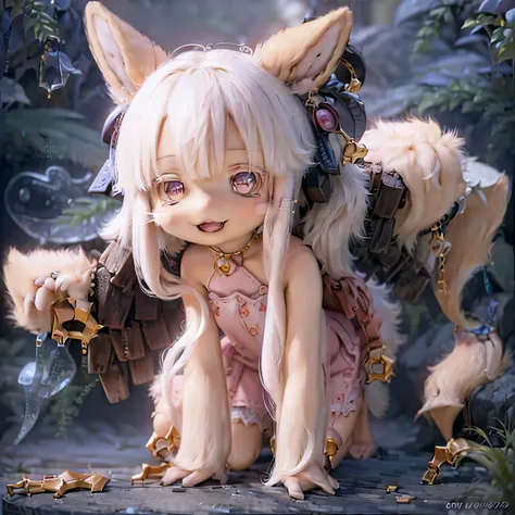 in the garden, smiling girl, Looks like Nanachi from Made in Abyss. she is beautiful, fine eyes and lips. A girl is depicted、 (((chibi style,))) . Image quality is top quality, With highly detailed and realistic features. The artwork medium combines illust...