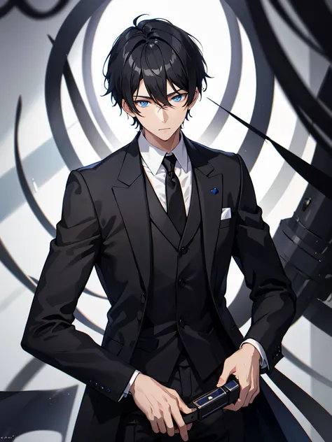 1 boy,black hair,wearing suit,blue eyes,25 years old,from front,white background,Ultra high resolution,Ultra high detail