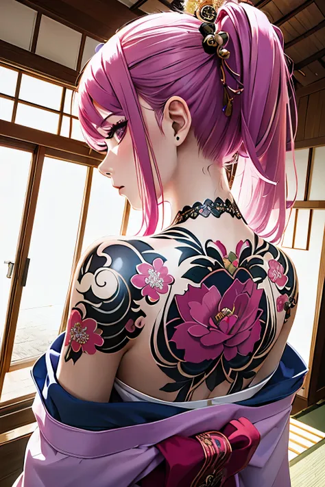 (masterpiece, top quality, best quality, official art, beautiful and aesthetic:1.2),1girl, tattoo, solo, japanese clothes,  hair...