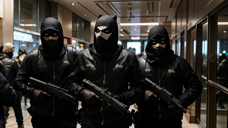 /imagine prompt: realistic, personality: A group of masked robbers storming into a bank, shoving people aside with guns