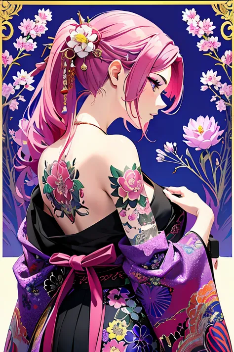 (masterpiece, top quality, best quality, official art, beautiful and aesthetic:1.2),1girl, tattoo, solo, japanese clothes,  hair ornament, unsheathing, pink hair, sheath, back tattoo, violet eyes,  off shoulder, bare shoulders, looking back, from behind, f...