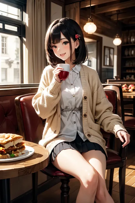 very cute and beautiful girl sitting on chair in antique retro restaurant,(highly detailed beautiful face),
white blouse,laugh,(beige cardigan:1.2) BREAK dynamic angle,hair ornament,black hair,pleated black mini skirt,
(cups of tea),(apple pie on plate),di...