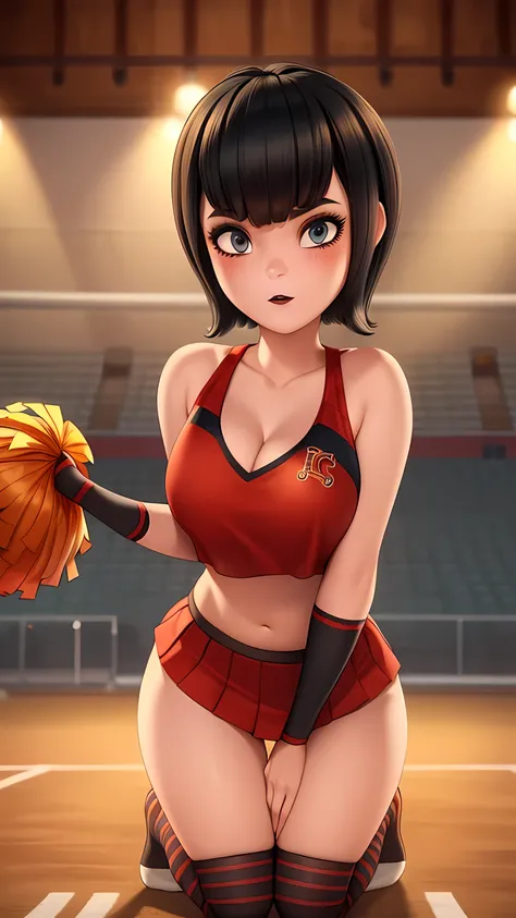 mevis, 1girl, cheerleader outfit, pom-poms, football court, short hair, black hair, solo focus, black eyes, stretching, makeup, lipstick, black lips, (insanely detailed, beautiful detailed face,beautiful detailed eyes, masterpiece, best quality) , solo, (f...