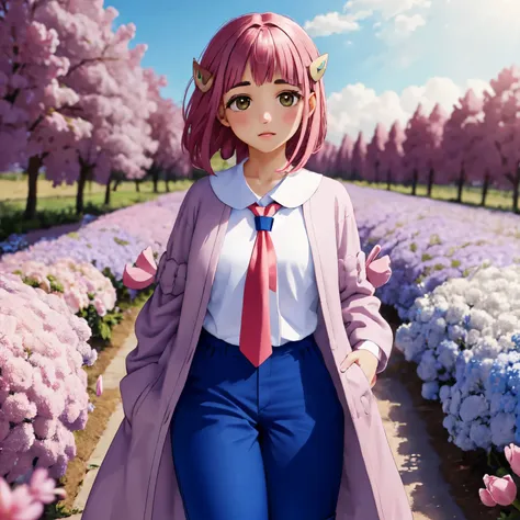 a girl with pink hair is standing alone in a sunny, flower-filled field. she is wearing a coat over a white shirt and blue pants...