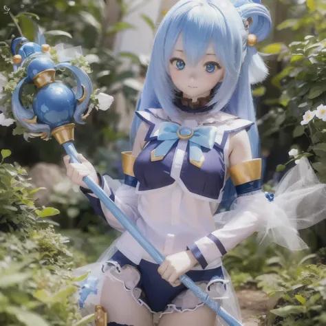 (a young girl and) blue hair, (wearing) a white and blue dress, (holding) staff, (standing) in the midst of lush greenery, livel...