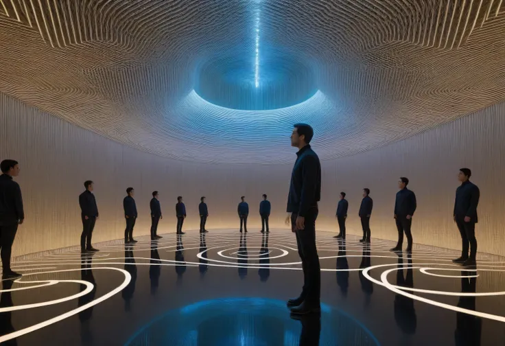 The Art of Reflection, Mirror maze, a man stands in the center of a Mirror maze, Mirrored walls, an infinite number of human reflections, photographic, realistic, detailed