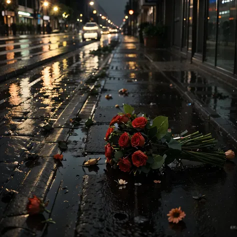 A bunch of fallen flowers in the rainy street at night