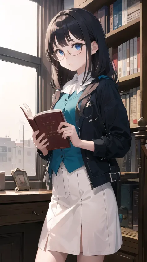 (masterpiece, ultra high resolution, highest quality:1.1), (flat color), 1 girl, alone, teen, cowboy shot, (Depth of the bounds written:1.2), ((glasses)),Reading a book in the library,