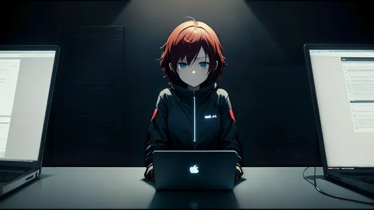 hacker anime girl working on a laptop, black background, dark room, low light, high quality, desktop background, wide angle, cute, perfect, short red hair, NEET, green eyes, happy, dim lighting, minimal color, black gradient border, minimalist, cutout, loo...