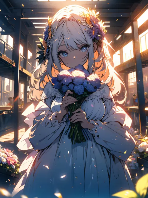 (very be familiar with anime、 8k wallpaper), lit, sea of flowers, flowers, (1 girl), (whole body),(off shoulder dress、A lot of floral decorations)、 K-POPアイドル,colorful colors、bright atmosphere、(beautiful anime)、cute、(highest quality、masterpiece、High resolut...