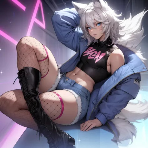 Single boy, Anime Femboy, Short, Long white hair, wolf ears, wolf tail, blue eyes, wearing short denim shorts, wearing combat boots, wearing thigh high fishnets, wearing fur lined open pink jacket, flat chest, super flat chest, wearing cropped t-shirt, sol...