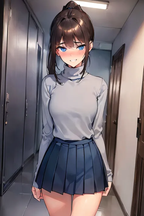 ((best quality)), ((masterpiece)), (detailed), (((perfect face))), ((slender 16yo teenage girl walking)), (((wearing light grey turtleneck pullover, dark blue pleated skirt))), ((brunette, brown hair)), ((ponytail)), (((blue eyes))), ((shy:1.3)), ((blushin...