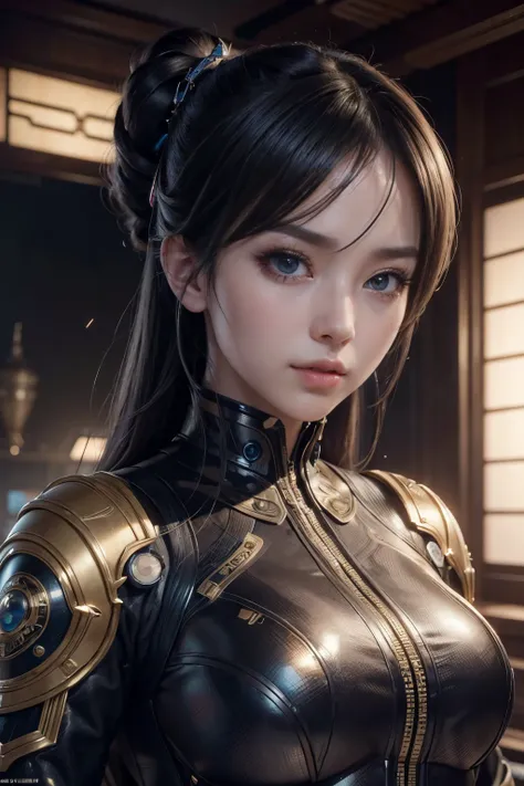 (high quality), (masterpiece), (detailed), 8K, Hyper-realistic portrayal of a futuristic (1girl1.2), Japanese character. Meticulous details bring the character to life in this visually stunning composition, showcasing the seamless blend of tradition and in...