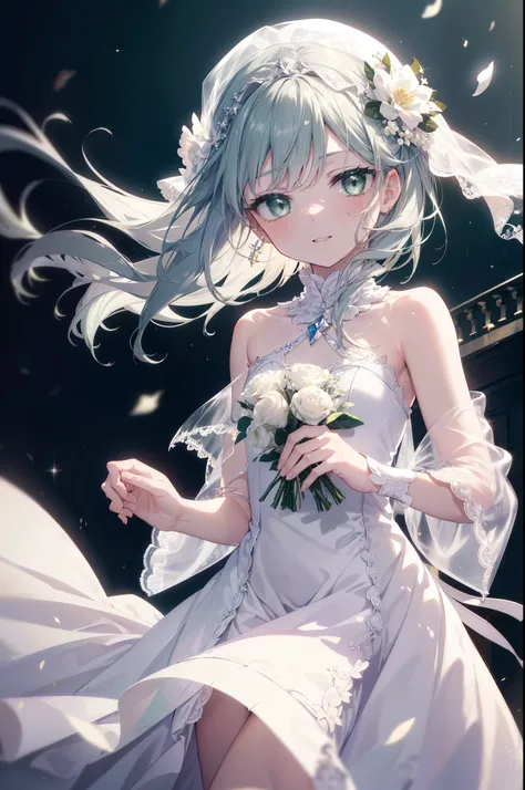 index, index, (green eyes:1.5), silver hair, long hair, (flat chest:1.2), wedding dress,veil wedding skirt,bouquet,bouquetトス,hol...