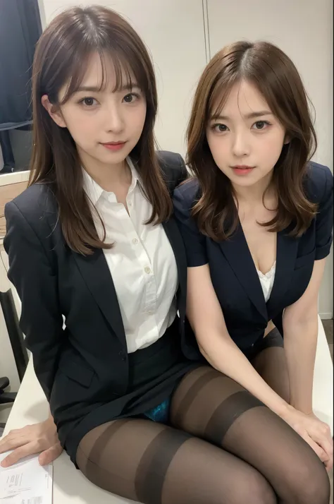 ulzzang-6500-v1.1, (Raw photo:1.2), (Photoreal), (genuine: 1.4), Office lady sitting cross-legged on the desk, wearing a strict suit, wearing a strict business suit, (super realistic pantyhose:1.3), ayami kojima amano, sakimichan, deayami kojima, reluvy521...