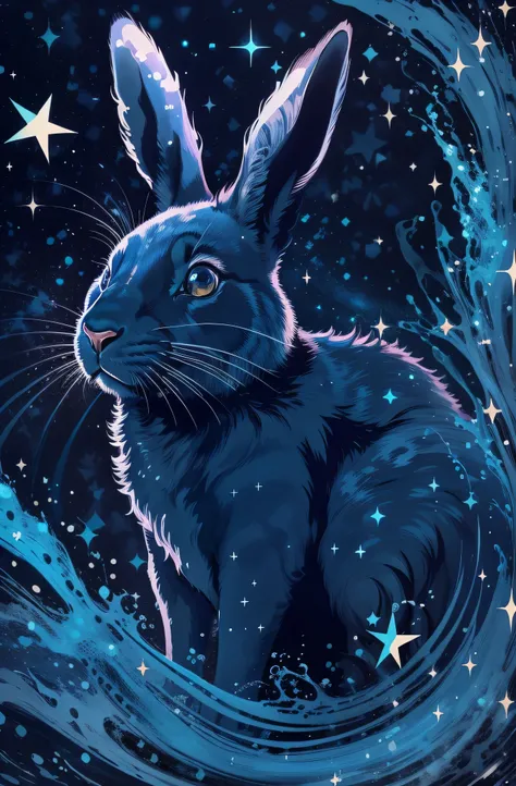 high quality, starry night blue black rabbit, splash art, The Aesthetics of T-Shirt Design, Very detailed, dark tones