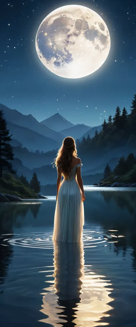 (high resolution,best quality,actual),1 girl,standing on the lake,Gaze at the moon,sparkling reflection on water,serene atmosphere,(ethereal, ethereal beauty:1.1),(flowing long hair,flowing dress),(Soft moonlight illuminates the scene),(mystery,Obsessed),w...