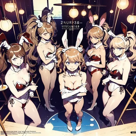 perfect anime illustration, identical septuplets, 7girls, clones, identical sisters, sisters crowded together, sisters in background, matching hairstyles, brown hair, curly hair, matching hairstyle, hazel eyes, smiling, ((playboy bunny)), mansion, highres,...