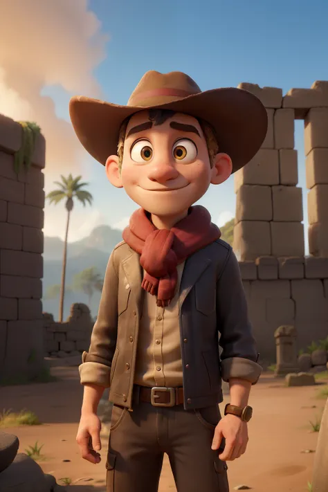 Imagine an intrepid character, dressed in a fedora hat, weather-worn leather jacket and a scarf around the neck. This fearless adventurer is in the heart of an exotic landscape, surrounded by ancient ruins and dense jungle. He holds an old map in one hand ...