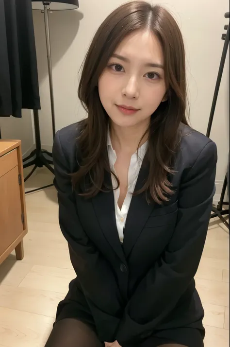 ulzzang-6500-v1.1, (Raw photo:1.2), (Photoreal),  (See-through:1.3), (genuine: 1.4), Office lady sitting cross-legged on the desk, wearing a strict suit, wearing a strict business suit, (super realistic pantyhose:1.3), ayami kojima amano, sakimichan, deaya...