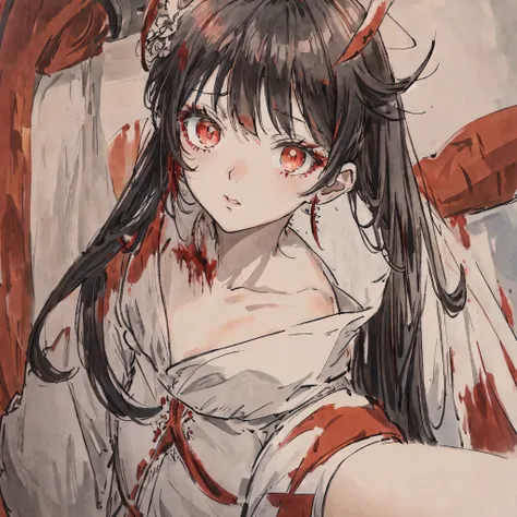 Virtuous person, lolita, wearing a white dress stained with red blood, surrounded by a blood cloak, anime girl, medieval, anime girl with black hair and amber eyes